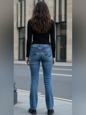 Express SZ 12L Y2k Graphic Detail Stretch Eva Bootcut Vintage Biker Blue Jeans